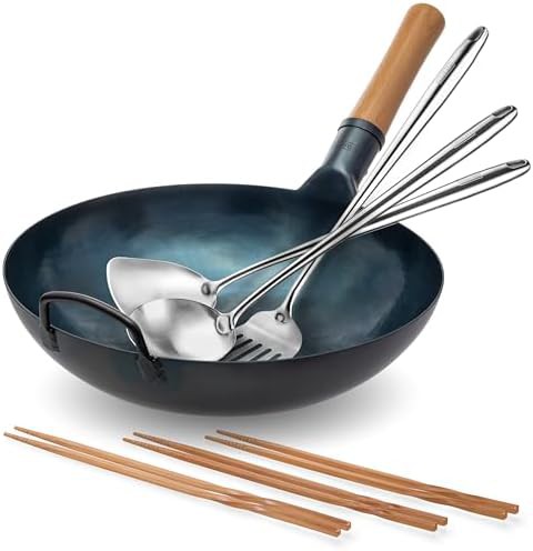 Blue flat bottom wok with utensils 13.5 in