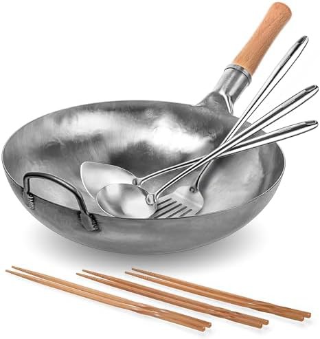 Silver round bottom wok with chopsticks and tools 14 in