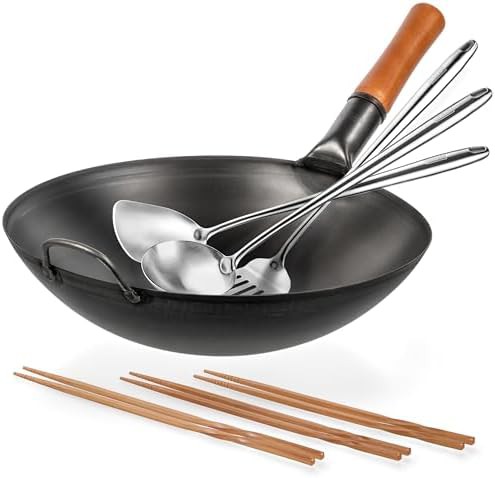 Round bottom wok pan with utensils 14 in