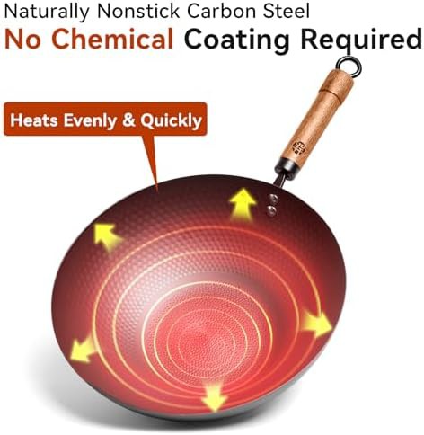 Hammered carbon steel stir fry pan with lid — photo 3