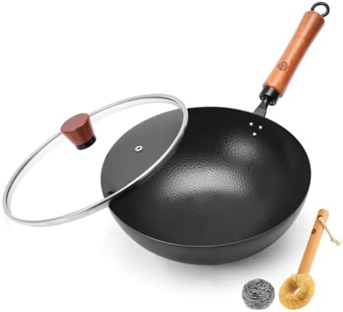 Hand hammered iron wok with wooden handle