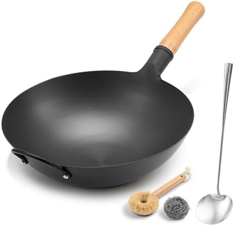 Round bottom nitrided iron stir fry pan