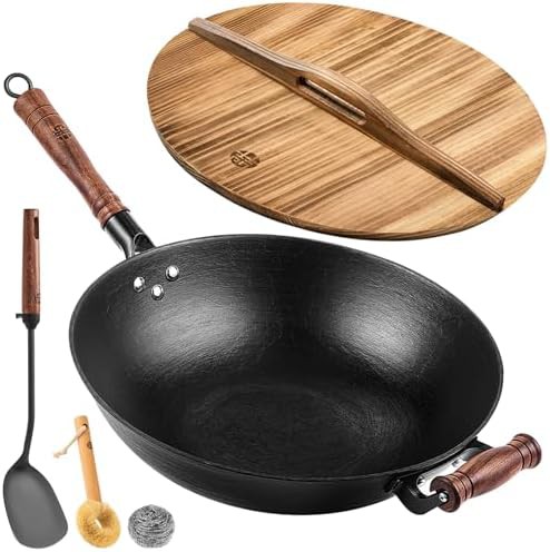 Uncoated cast iron wok with wood lid
