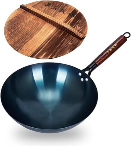 Thirteen inch carbon steel wok wooden handle