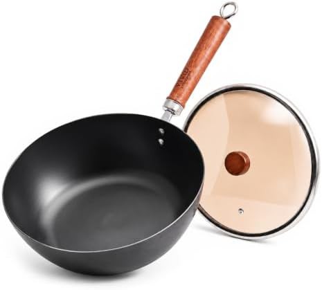 Flat bottom carbon steel wok frying pan