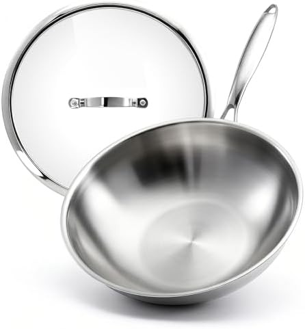 Tri-ply stainless steel flat bottom wok