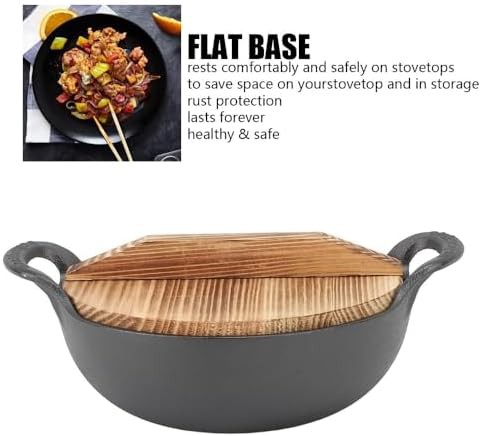 Cast iron flat base wok with wooden lid — photo 3