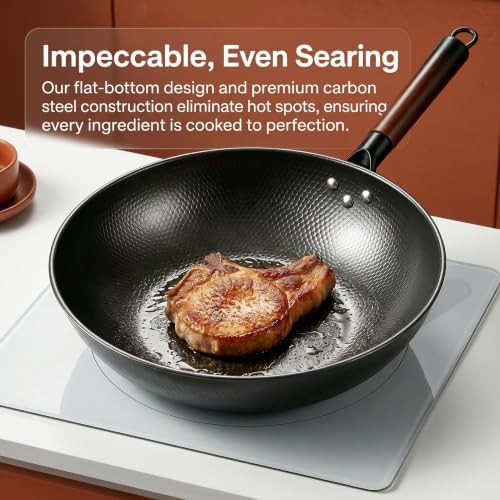 Nonstick carbon steel flat bottom wok with lid — photo 3