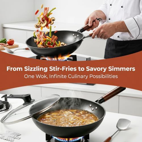 Nonstick carbon steel flat bottom wok with lid — photo 4