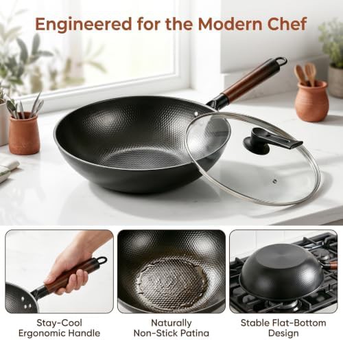 Nonstick carbon steel flat bottom wok with lid — photo 5