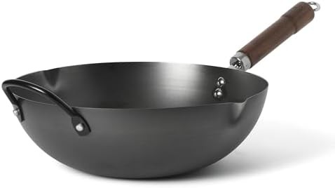 Carbon steel wok with walnut handle